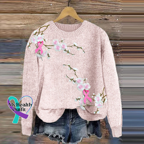 Women’s Floral Embroidery With Pink Ribbon Art Cozy Sweater / S