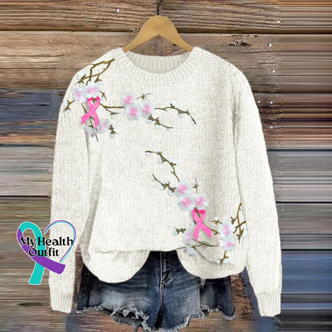 Women’s Floral Embroidery With Pink Ribbon Art Cozy Sweater White / S