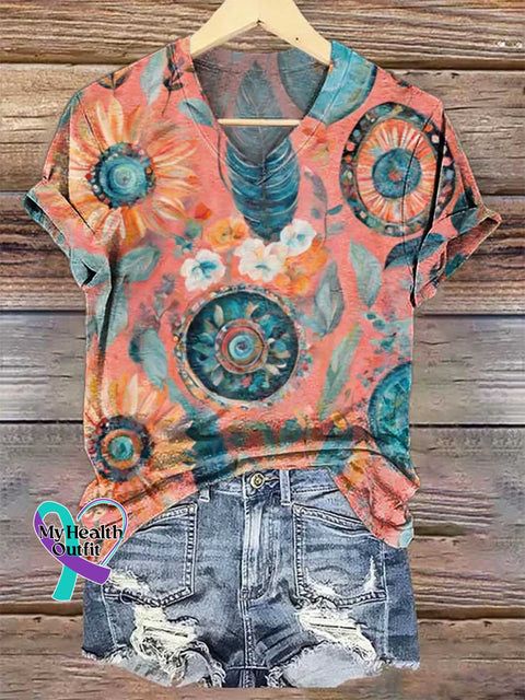 Women’s Floral Feather V-neck Casual T-Shirt Multicolor / S