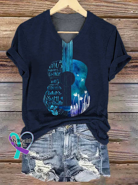 Women’s Floral Guitar V-neck Casual T-Shirt Blue / S