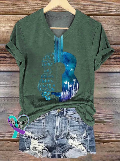 Women’s Floral Guitar V-neck Casual T-Shirt Green / S