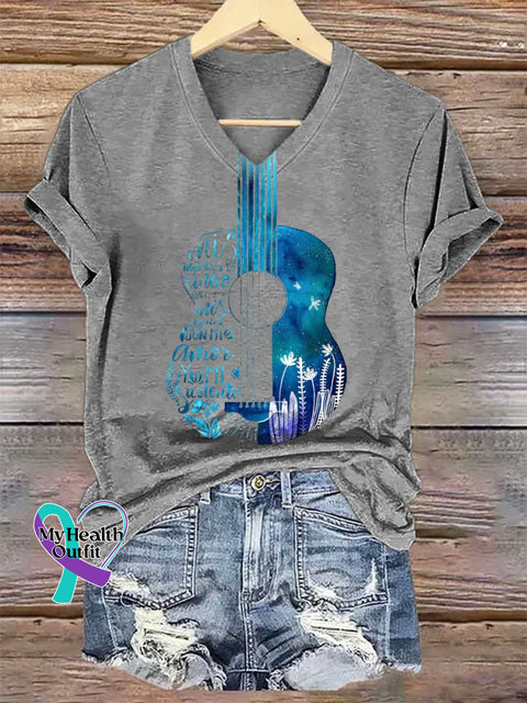 Women’s Floral Guitar V-neck Casual T-Shirt Grey / S