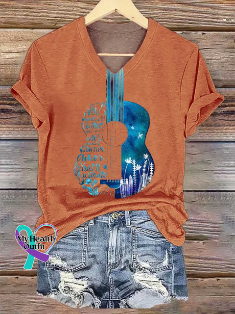 Women’s Floral Guitar V-neck Casual T-Shirt Orange / S