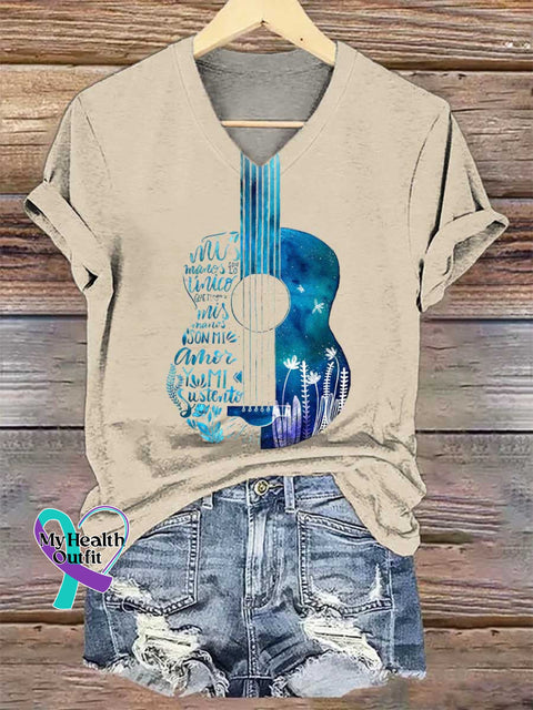 Women’s Floral Guitar V-neck Casual T-Shirt Sand / S