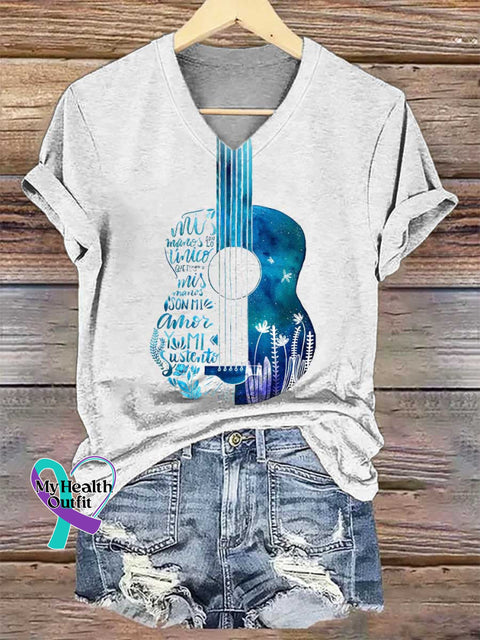 Women’s Floral Guitar V-neck Casual T-Shirt White / S