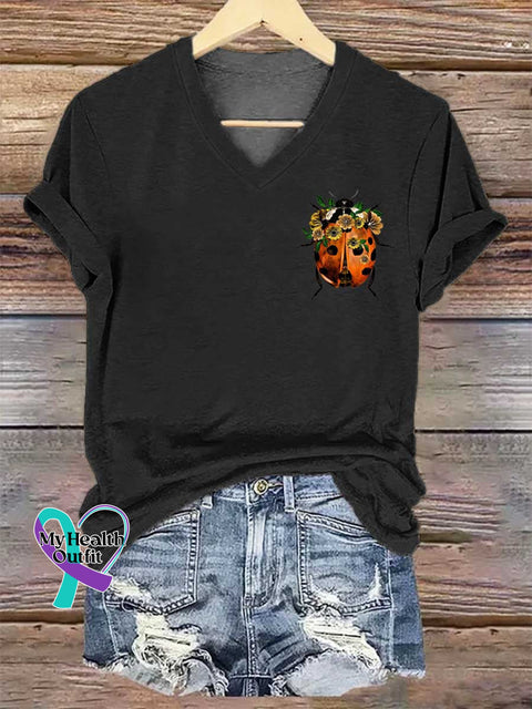 Women’s Floral Ladybug Art V-neck Casual T-Shirt Black / S