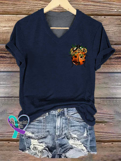 Women’s Floral Ladybug Art V-neck Casual T-Shirt Blue / S