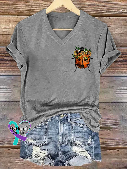 Women’s Floral Ladybug Art V-neck Casual T-Shirt Grey / S