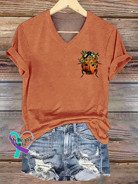 Women’s Floral Ladybug Art V-neck Casual T-Shirt Orange / S