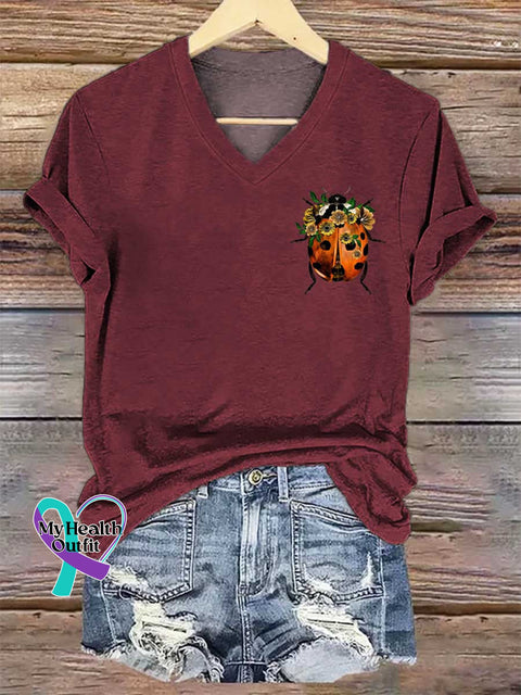 Women’s Floral Ladybug Art V-neck Casual T-Shirt Red / S