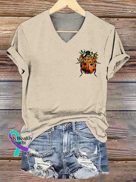 Women’s Floral Ladybug Art V-neck Casual T-Shirt Sand / S