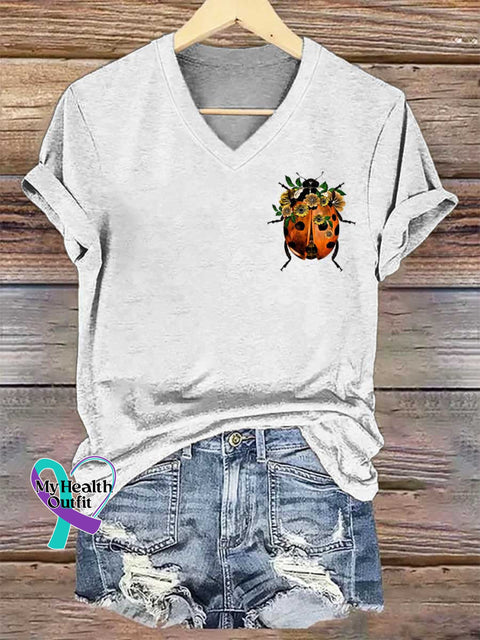Women’s Floral Ladybug Art V-neck Casual T-Shirt White / S