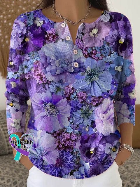 Women’s Floral Pattern Art Print Casual Cardigan Sweater Purple / S