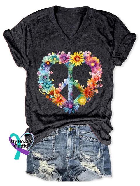 Women’s Floral Peace And Love Art Print V-Neck Casual T-Shirt Black / S