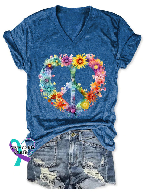Women’s Floral Peace And Love Art Print V-Neck Casual T-Shirt Blue / S