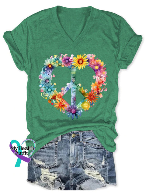 Women’s Floral Peace And Love Art Print V-Neck Casual T-Shirt Green / S