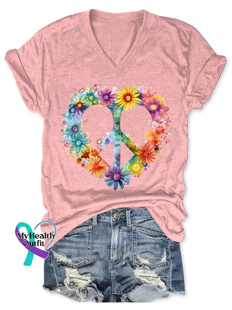 Women’s Floral Peace And Love Art Print V-Neck Casual T-Shirt Pink / S