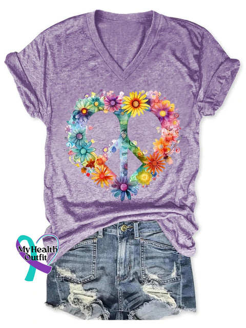 Women’s Floral Peace And Love Art Print V-Neck Casual T-Shirt Purple / S