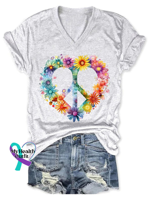 Women’s Floral Peace And Love Art Print V-Neck Casual T-Shirt White / S
