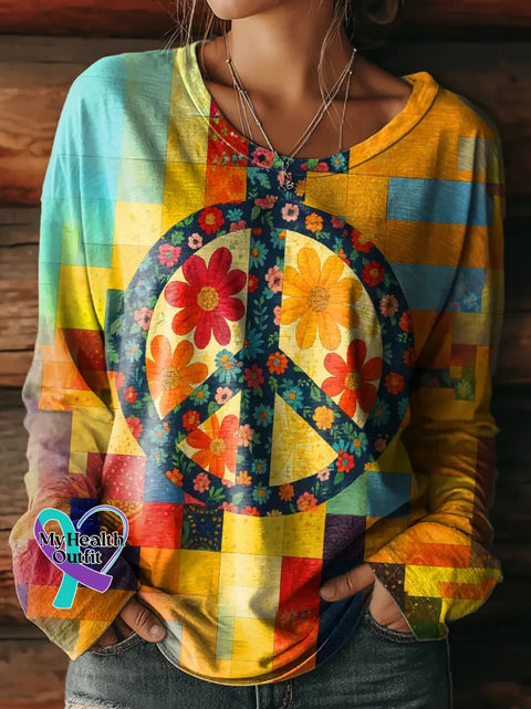 Women’s Floral Peace Sign Love And Peace Print Casual T Shirt Multicolor / S