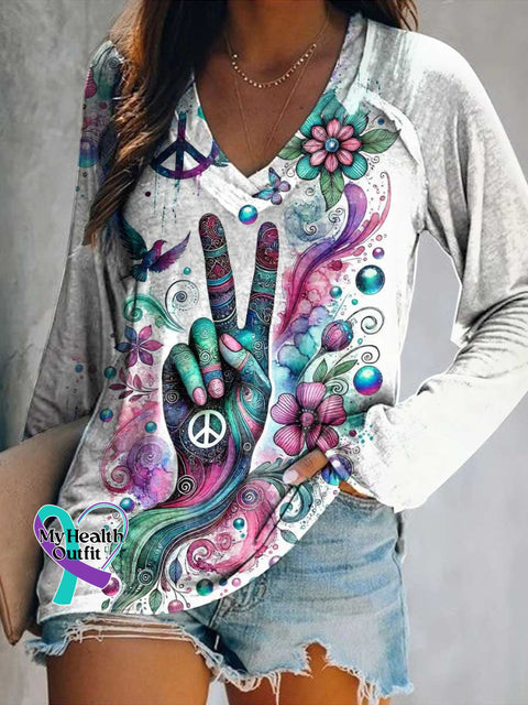 Women’s Floral Peace Sign Love and Peace Print Casual V Neck Long Sleeve Tops Multicolor / S