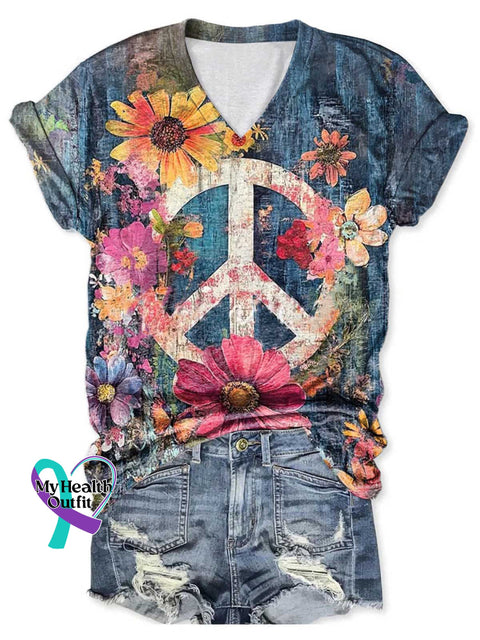 Women’s Floral Peace Sign Love and Peace V-neck Casual T-Shirt Multicolor / S