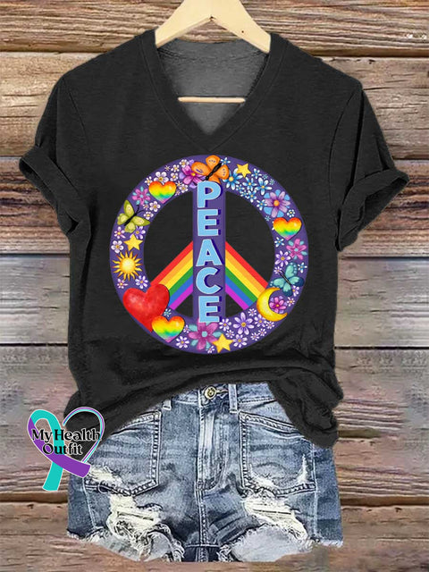 Women’s Floral Peace Sign Rainbow V-neck Casual T-Shirt Black / S