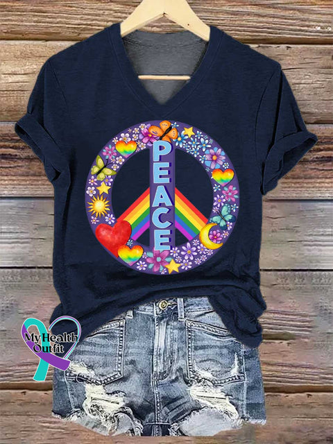 Women’s Floral Peace Sign Rainbow V-neck Casual T-Shirt Blue / S