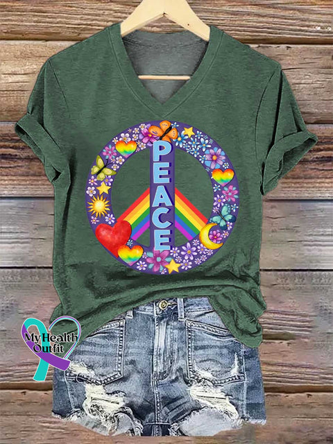 Women’s Floral Peace Sign Rainbow V-neck Casual T-Shirt Green / S