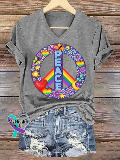 Women’s Floral Peace Sign Rainbow V-neck Casual T-Shirt Grey / S