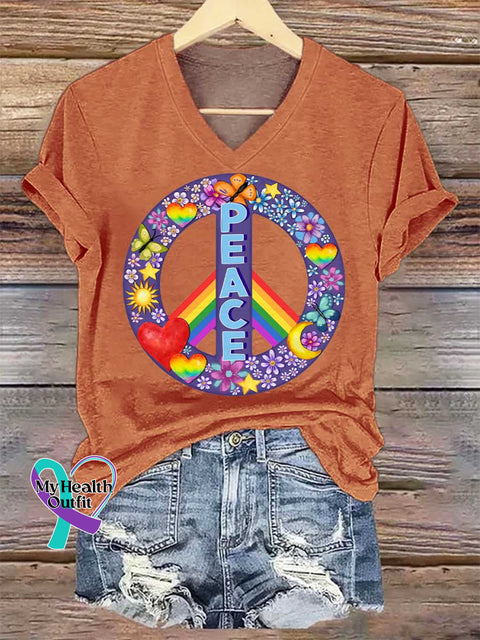 Women’s Floral Peace Sign Rainbow V-neck Casual T-Shirt Orange / S