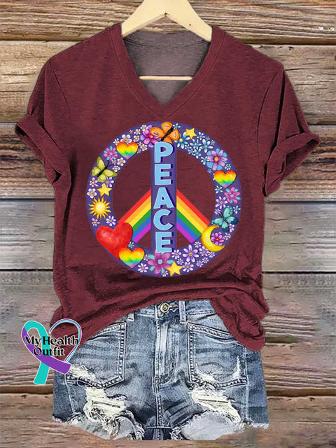 Women’s Floral Peace Sign Rainbow V-neck Casual T-Shirt Red / S