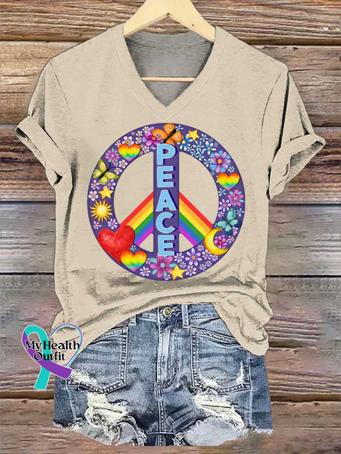 Women’s Floral Peace Sign Rainbow V-neck Casual T-Shirt Sand / S