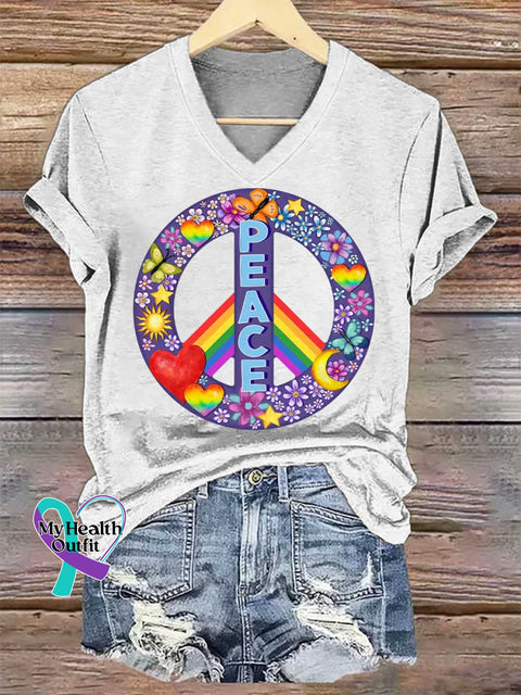 Women’s Floral Peace Sign Rainbow V-neck Casual T-Shirt White / S