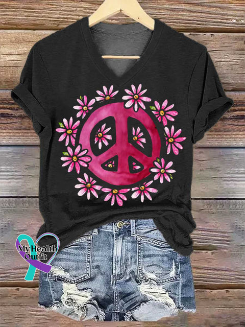 Women’s Floral Peace Sign V-neck Casual T-Shirt Black / S
