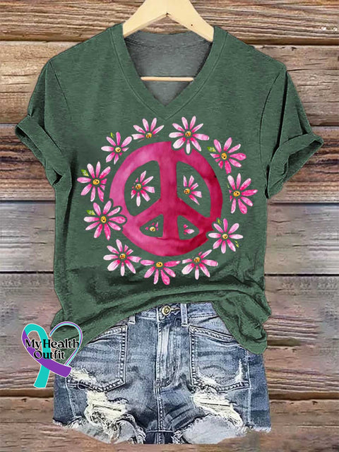Women’s Floral Peace Sign V-neck Casual T-Shirt Green / S
