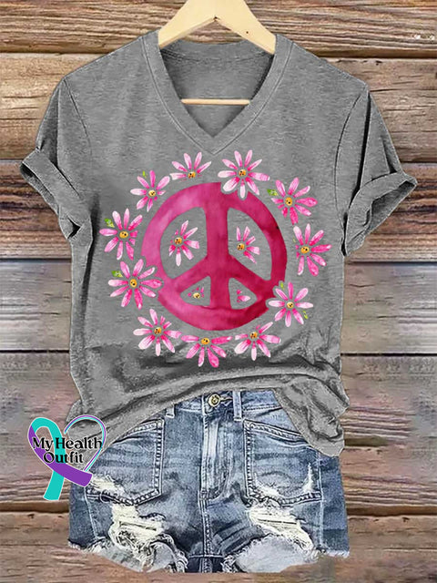 Women’s Floral Peace Sign V-neck Casual T-Shirt Grey / S