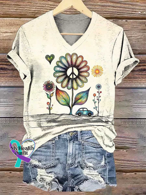 Women’s Floral Peace Sign V-neck Casual T-Shirt Multicolor / S