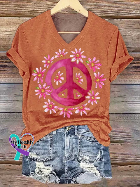 Women’s Floral Peace Sign V-neck Casual T-Shirt Orange / S