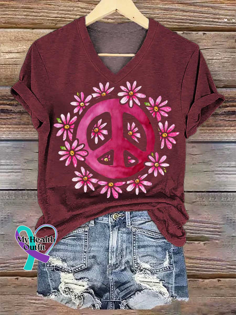 Women’s Floral Peace Sign V-neck Casual T-Shirt Red / S