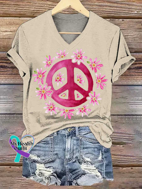 Women’s Floral Peace Sign V-neck Casual T-Shirt Sand / S