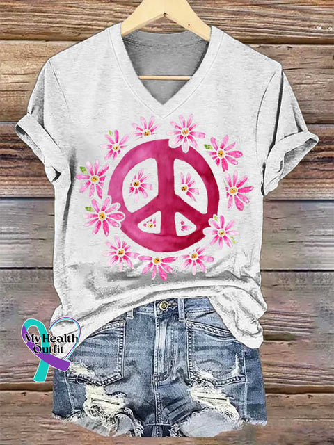 Women’s Floral Peace Sign V-neck Casual T-Shirt White / S