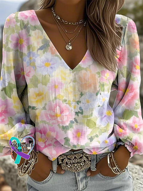 Women’s Floral Print Casual Cotton And Linen Shirt Multicolor / S