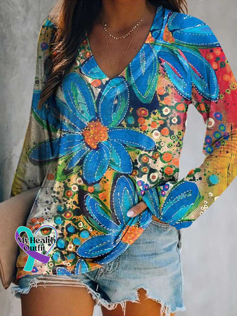Women’s Floral Print Casual V Neck Long Sleeve Tops Multicolor / S