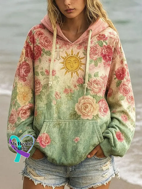 Women’s Floral Sun Pattern Art Print Casual Cotton Sweatshirt Multicolor / S