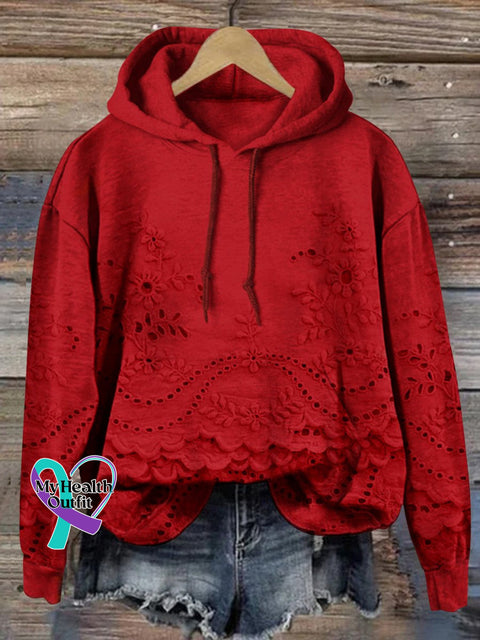 Women’s Floral Textured Art Patterns Prints Casual Pocket Hooded Sweatshirt Red / S