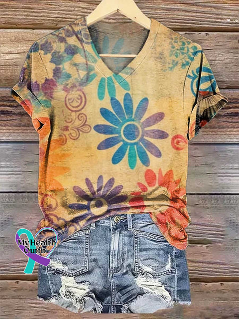 Women’s Floral V-neck Casual T-Shirt Multicolor / S