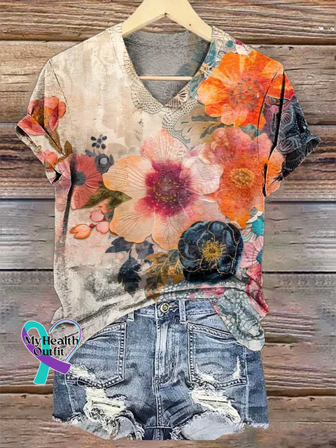 Women’s Floral V-neck Casual T-Shirt Multicolor / S