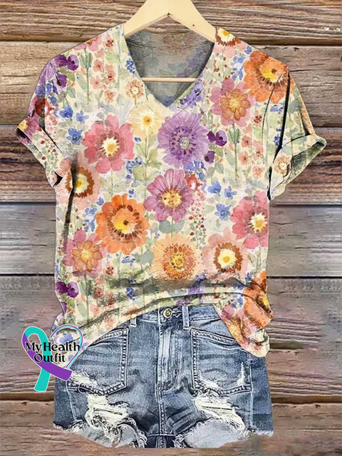 Women’s Floral V-neck Casual T-Shirt Multicolor / S