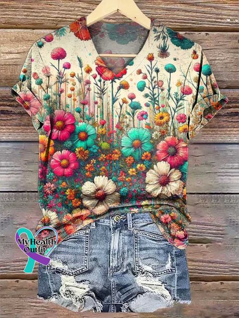 Women’s Floral V-neck Casual T-Shirt Multicolor / S